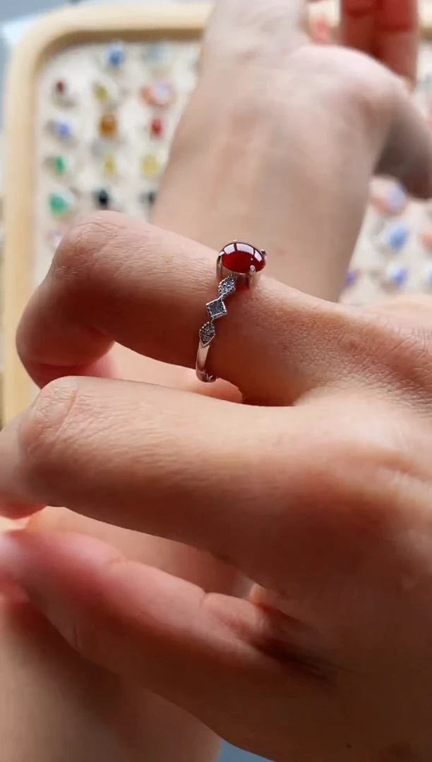 【闪购商品】翡翠戒指银S925镶嵌缅甸天然A货翡翠444 2+1