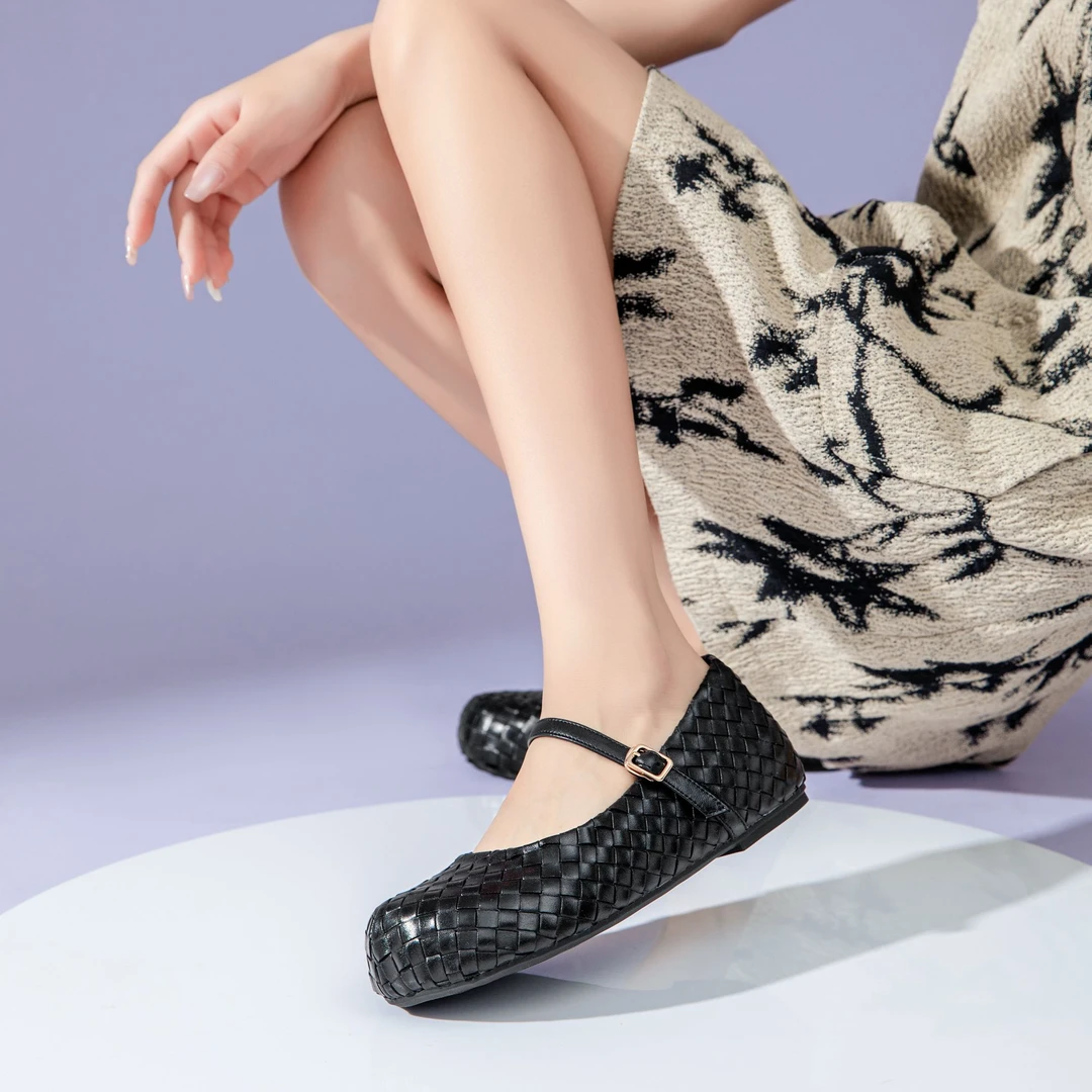 404’ 织梦 · 手工编织牛皮一字扣浅口软底平底复古单鞋2891-19