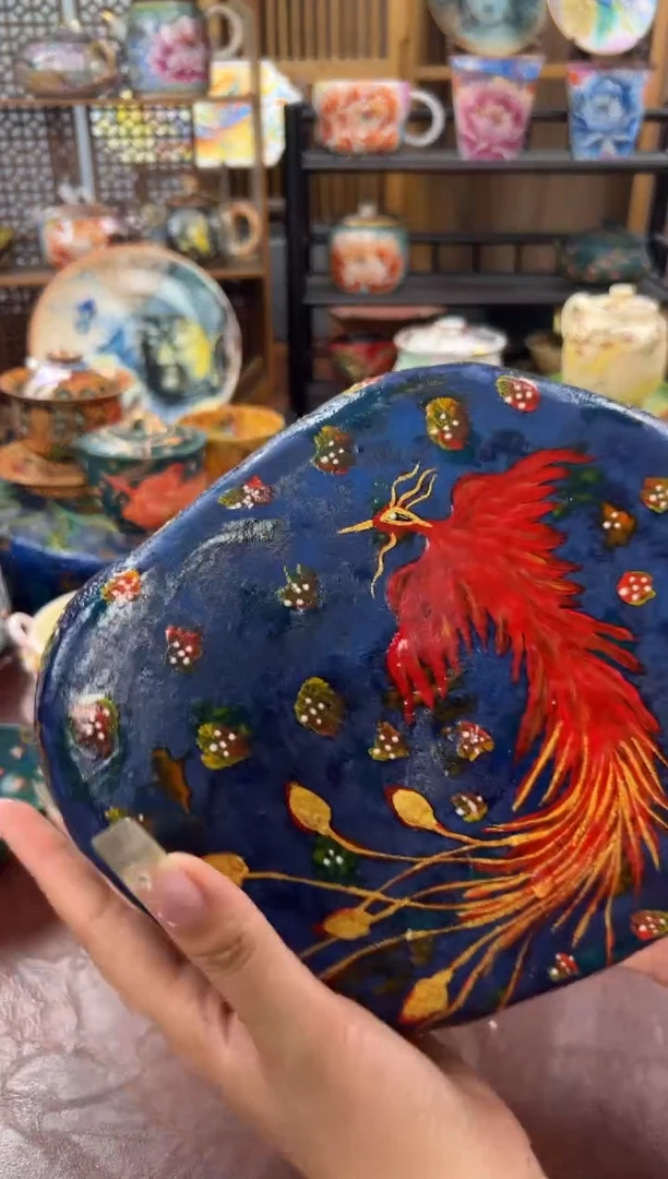 洞尚多彩手绘香樟木壶承