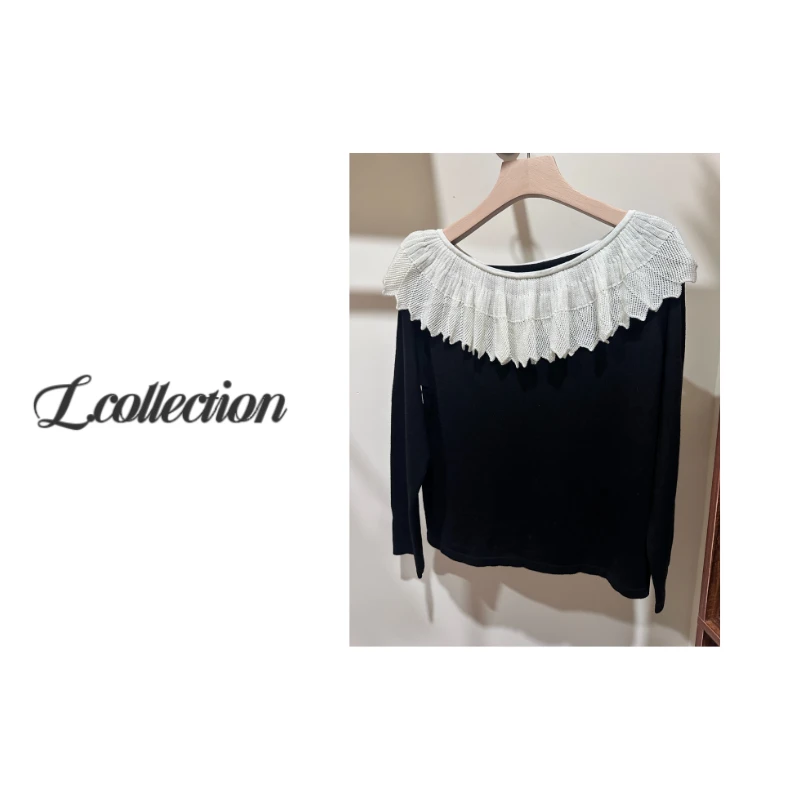 L.collection【黑糖波波】南油设计师款一字肩荷叶边长袖羊毛针织衫
