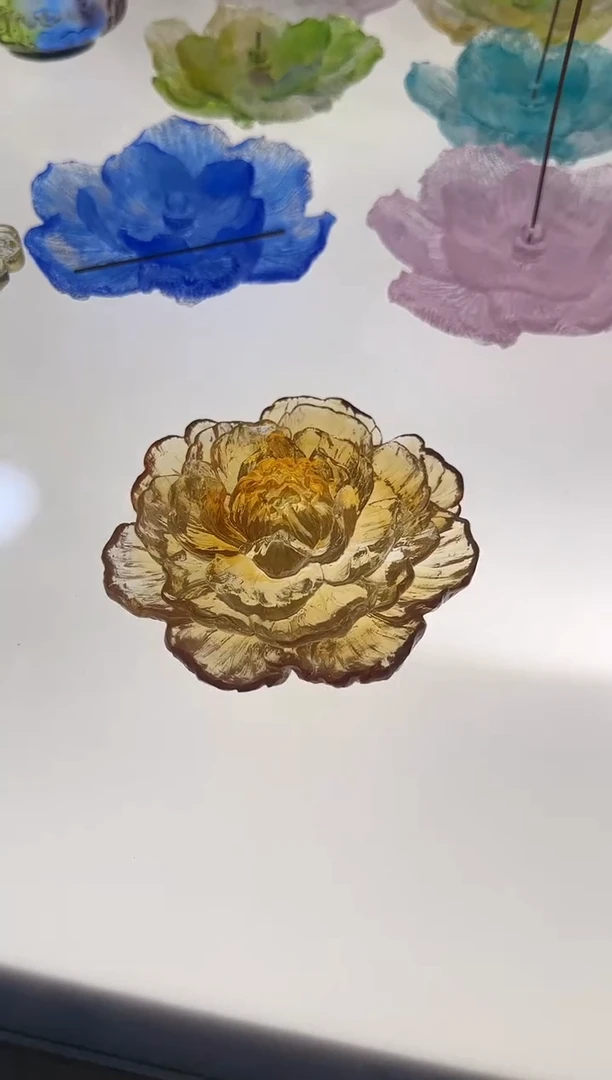 手工艺品琉璃牡丹花金色茶桌摆件