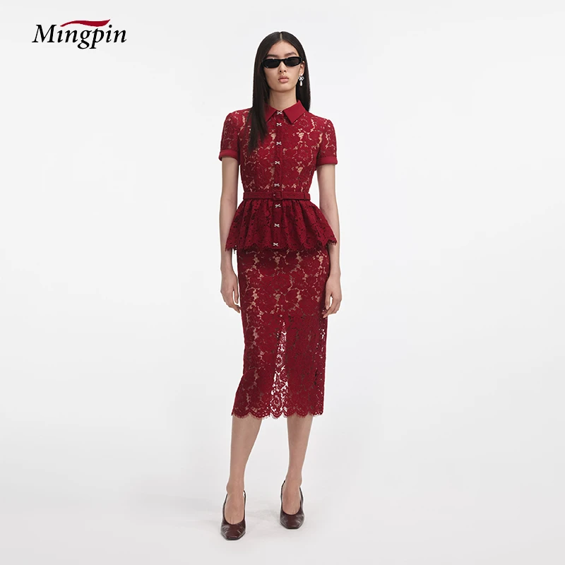 法式蕾丝套装裙女优雅衬衫领钻扣荷叶摆短袖上衣潮流后开叉一步裙