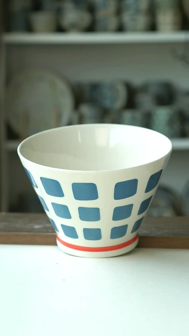 微瑕日式画釉方格斗笠面碗18cm@4-2@