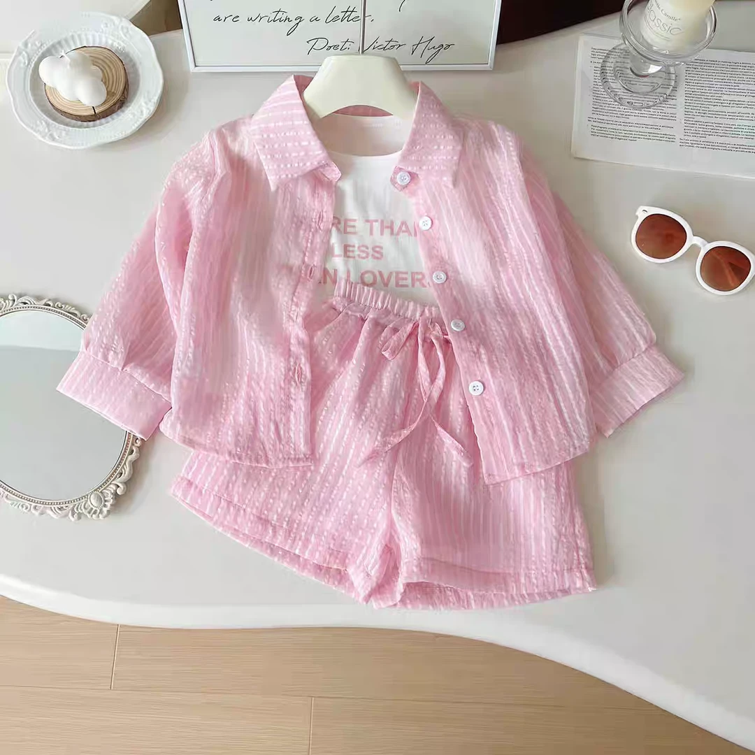 女童竖条纹防晒衣外套短裤套装夏季长袖衬衫背心内搭三件套6717