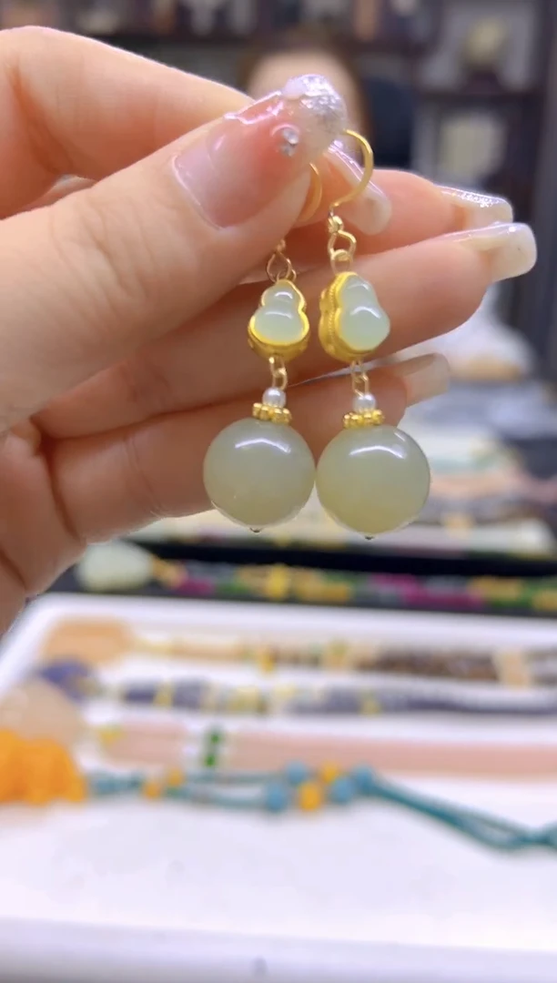 和田玉14K金镶嵌耳饰DIY款E714