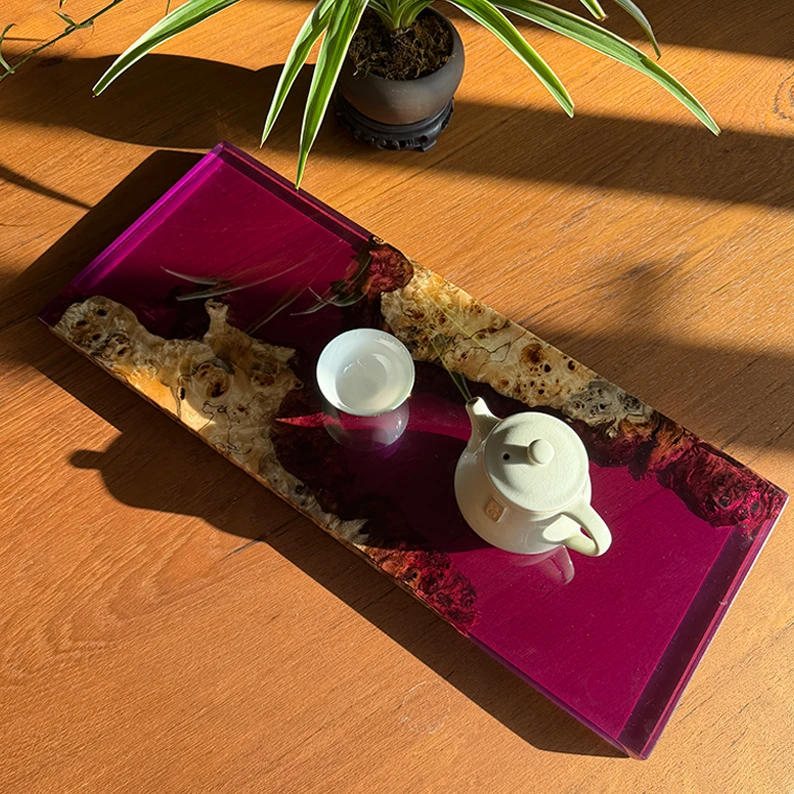 法国白杨树瘤紫透茶盘50*20*2家用中式干泡茶道防水