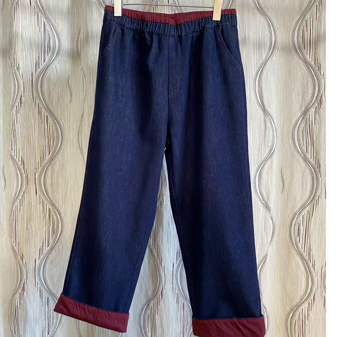 胖人坊大码女装复古撞色牛仔裤01362   衣长87