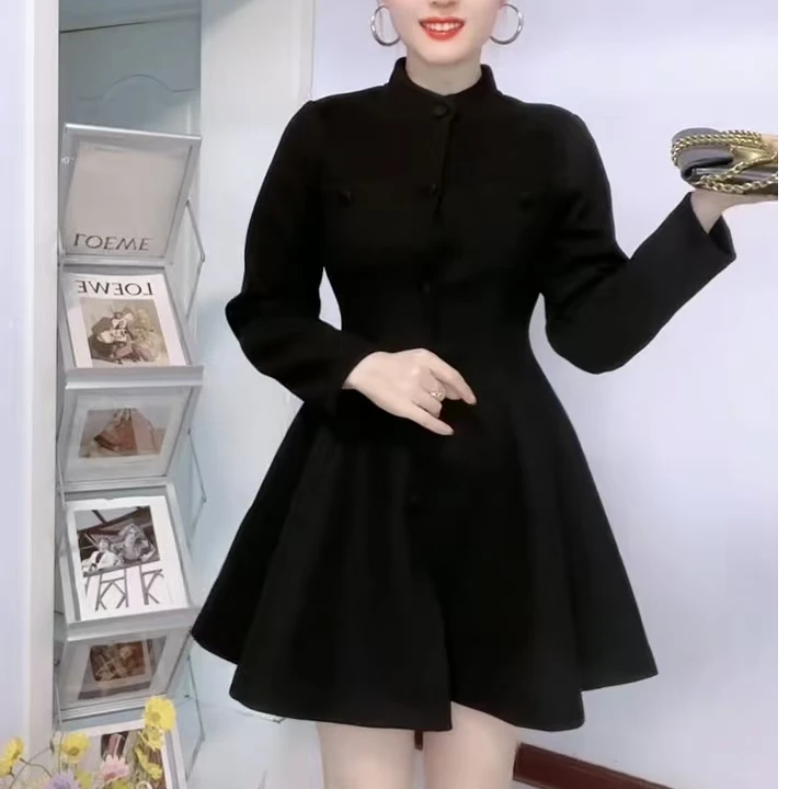 洋气高腰ins中长裙气质修身长袖连衣裙套头款立领
