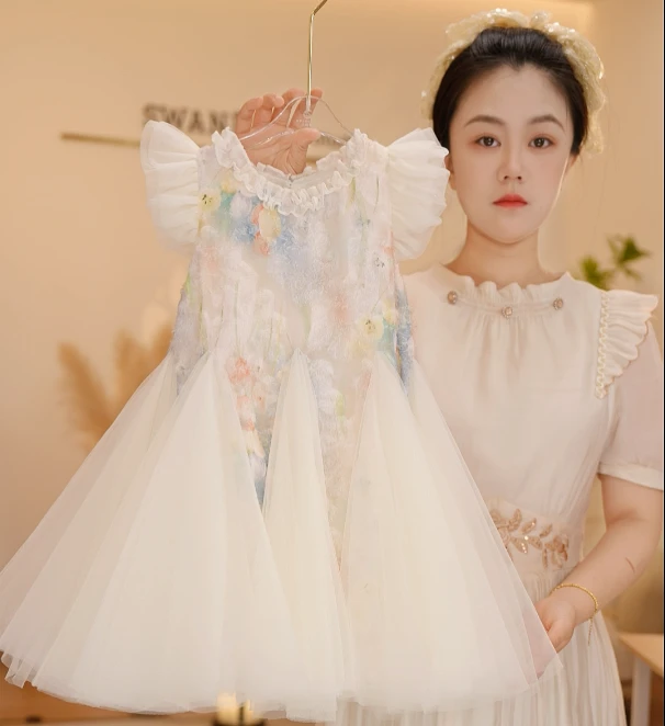 【Y.d3688】2025新款女童网纱拼接飞飞袖气质公主裙女童夏季连衣裙