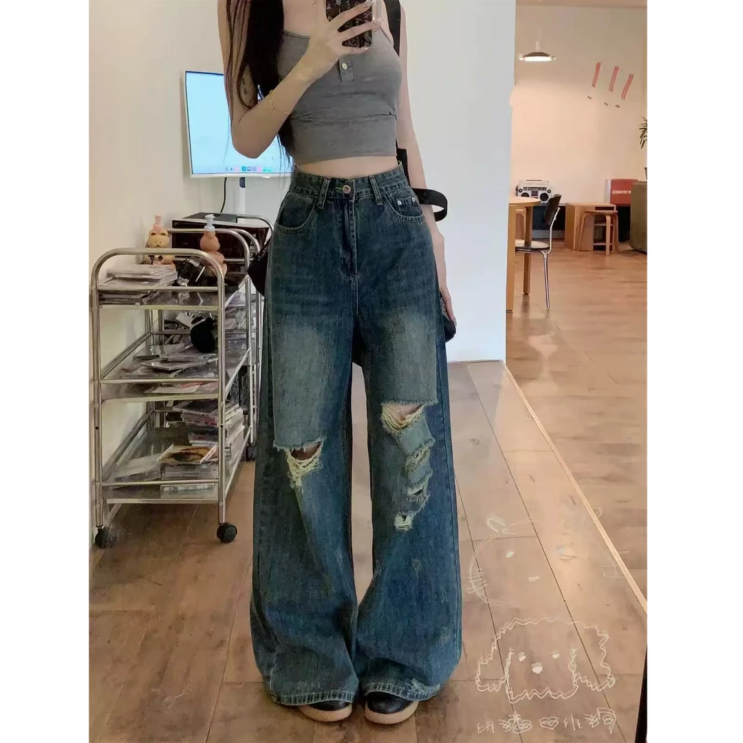 破洞裤女辣妹高腰阔腿美式复古牛仔裤女高街美式水洗设计感拖地裤