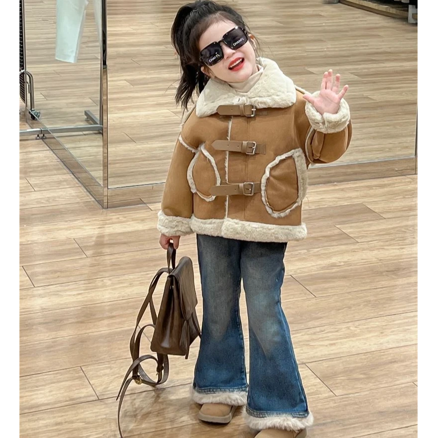 女童冬季新款麂皮绒外套加绒牛仔裤女宝宝百搭保暖两件套