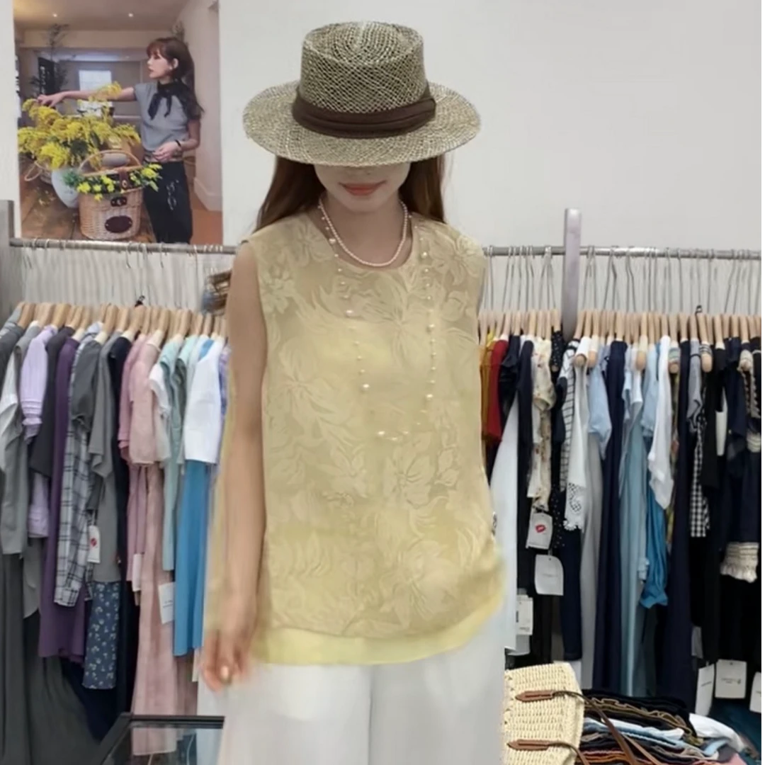 2025夏季新中式提花小衫上衣白色裤子套装女拼网纱国风上衣两件套