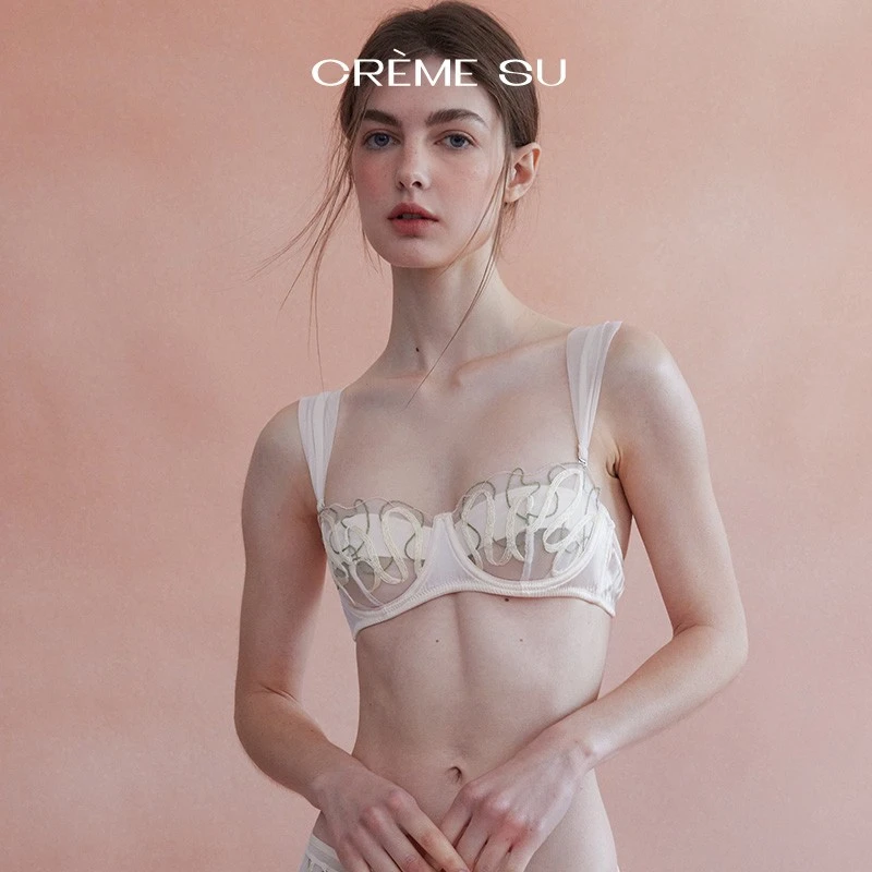 CremeSu法式内衣女新浪潮系列真丝线条刺绣文胸套装超薄钢圈内衣