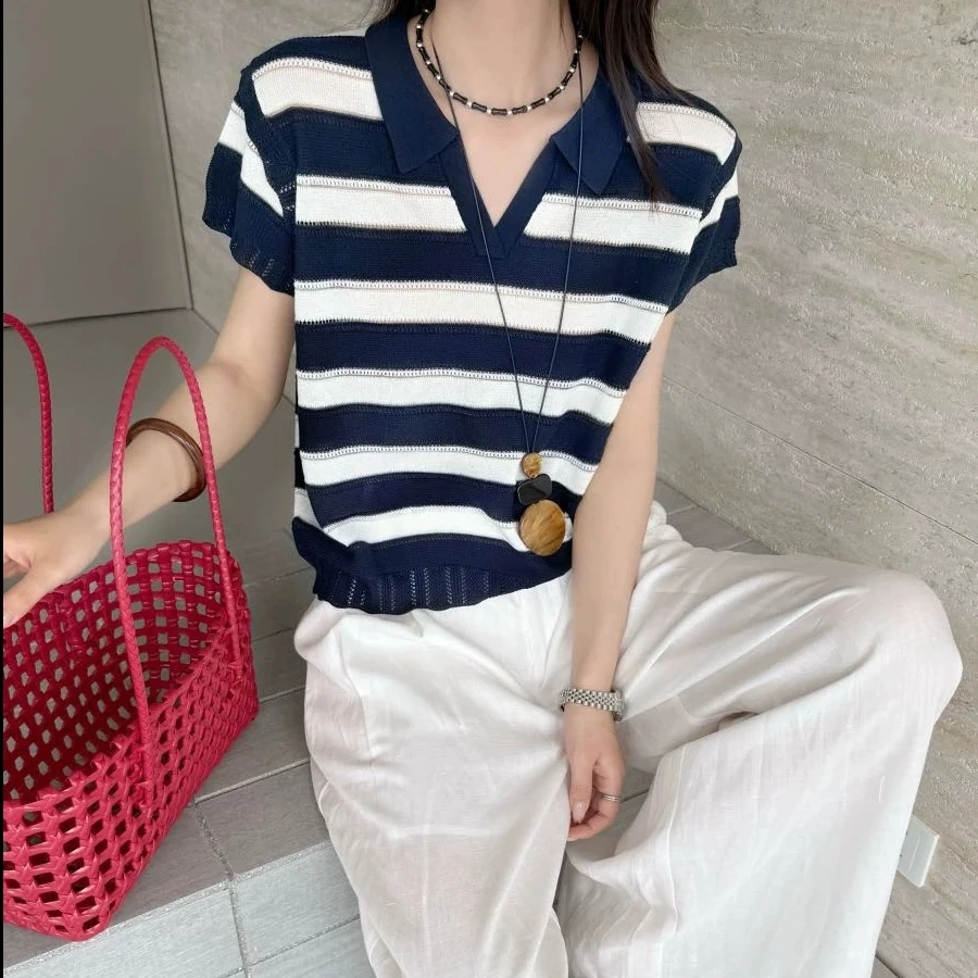 有运费补贴~小香风翻领V领时尚休闲镂空天爽亚麻上衣