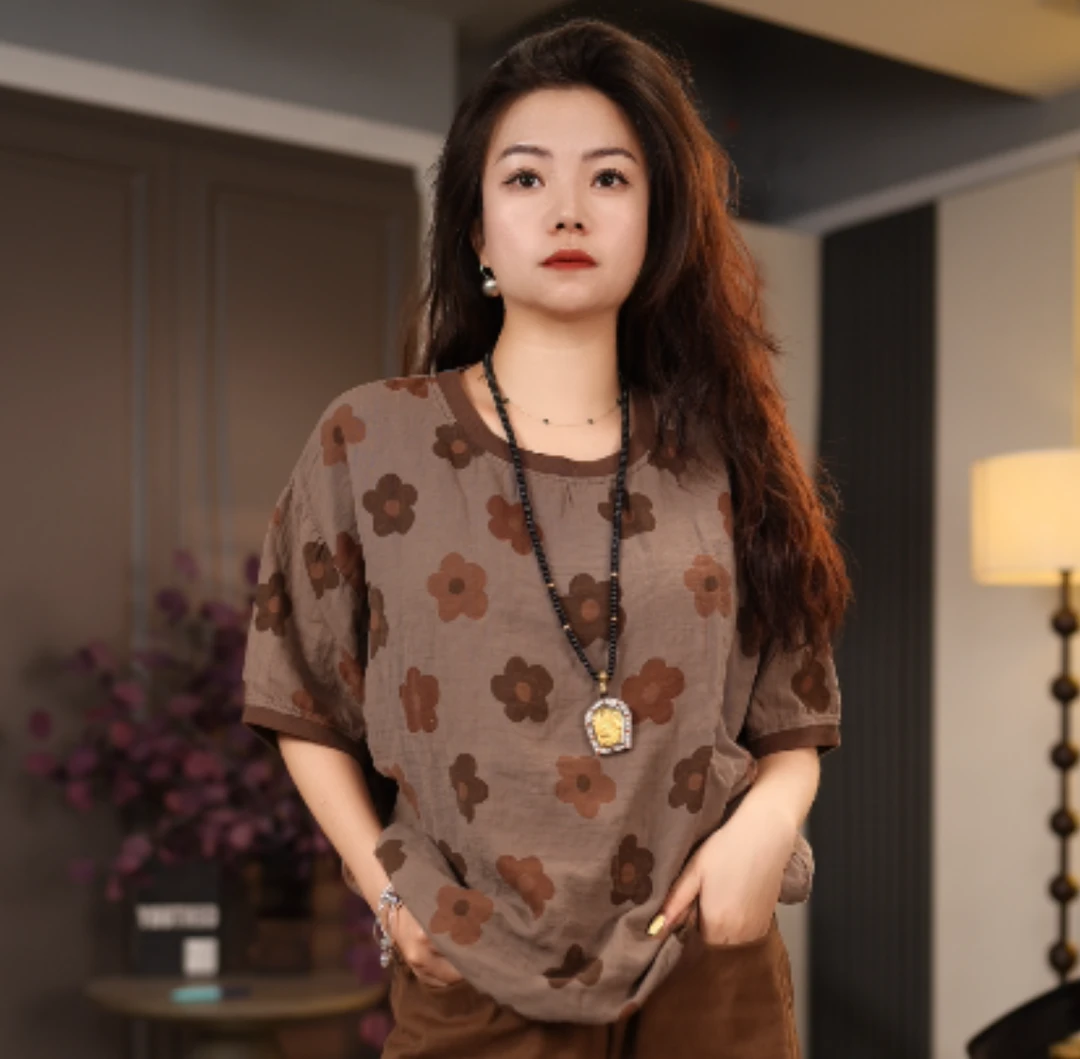 【广州微姐】夏季休闲百搭宽松印花圆领套头短袖T恤2131-6