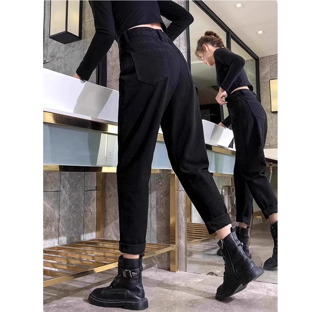 黑色哈伦牛仔裤女2025年秋冬新款高腰显瘦宽松萝卜裤老爹裤小个子