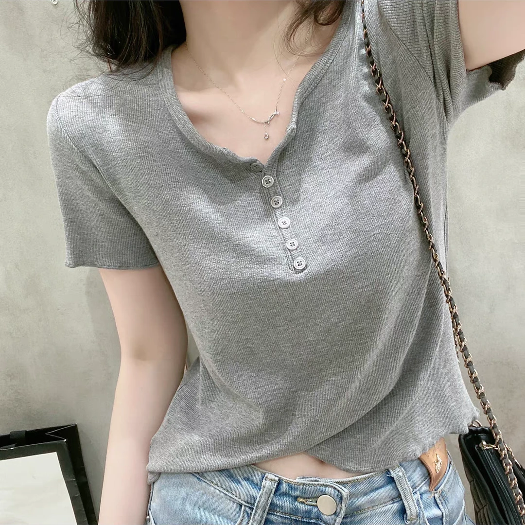 V领短袖T恤女夏季新款宽松显瘦螺纹正肩设计感小众百搭木耳边上衣