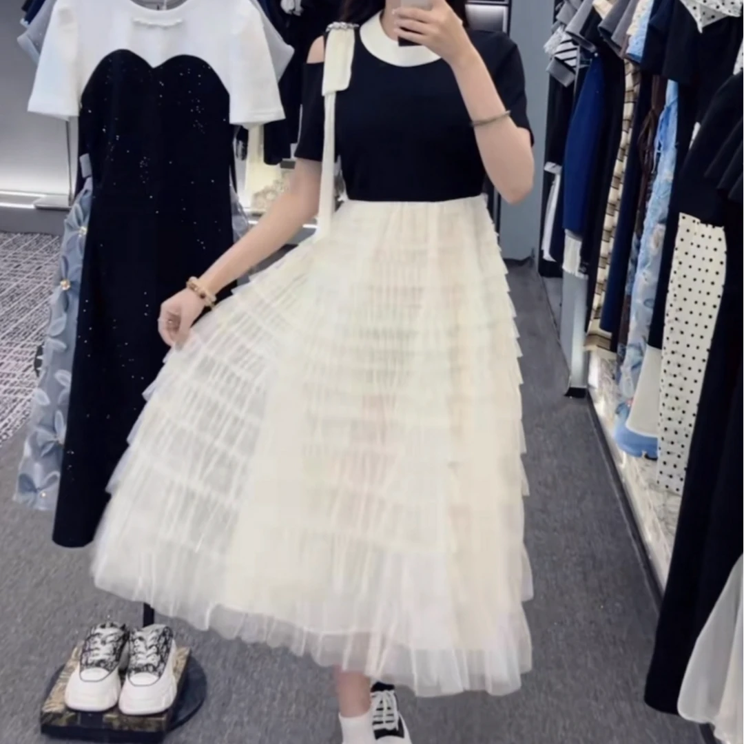 法式设计感高级拼接重工连衣裙2025夏季新款收腰显瘦气质中长裙女