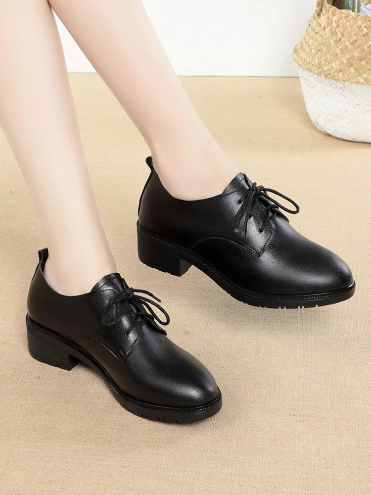 312系带单鞋春秋新款英伦风中跟女鞋尖头牛津复古厚底小皮鞋
