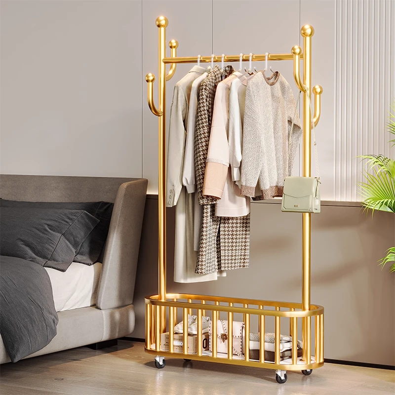 卧室客厅家用衣服架子收纳筐可移动简易衣帽架房间落地挂衣架轻奢