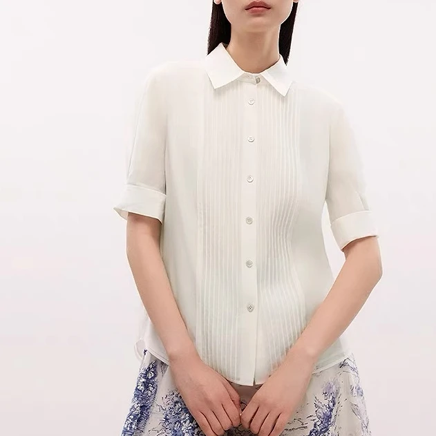 2025飞秒新品《杏仁》蚕丝棉气质时尚百搭小众通勤白色短袖衬衫