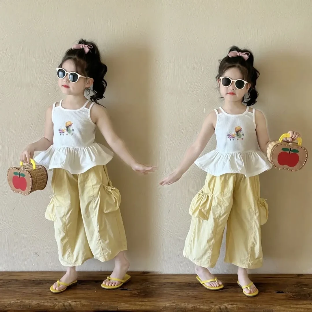 女童夏季时髦套装2025新款儿童韩版百搭荷叶边背心上衣
