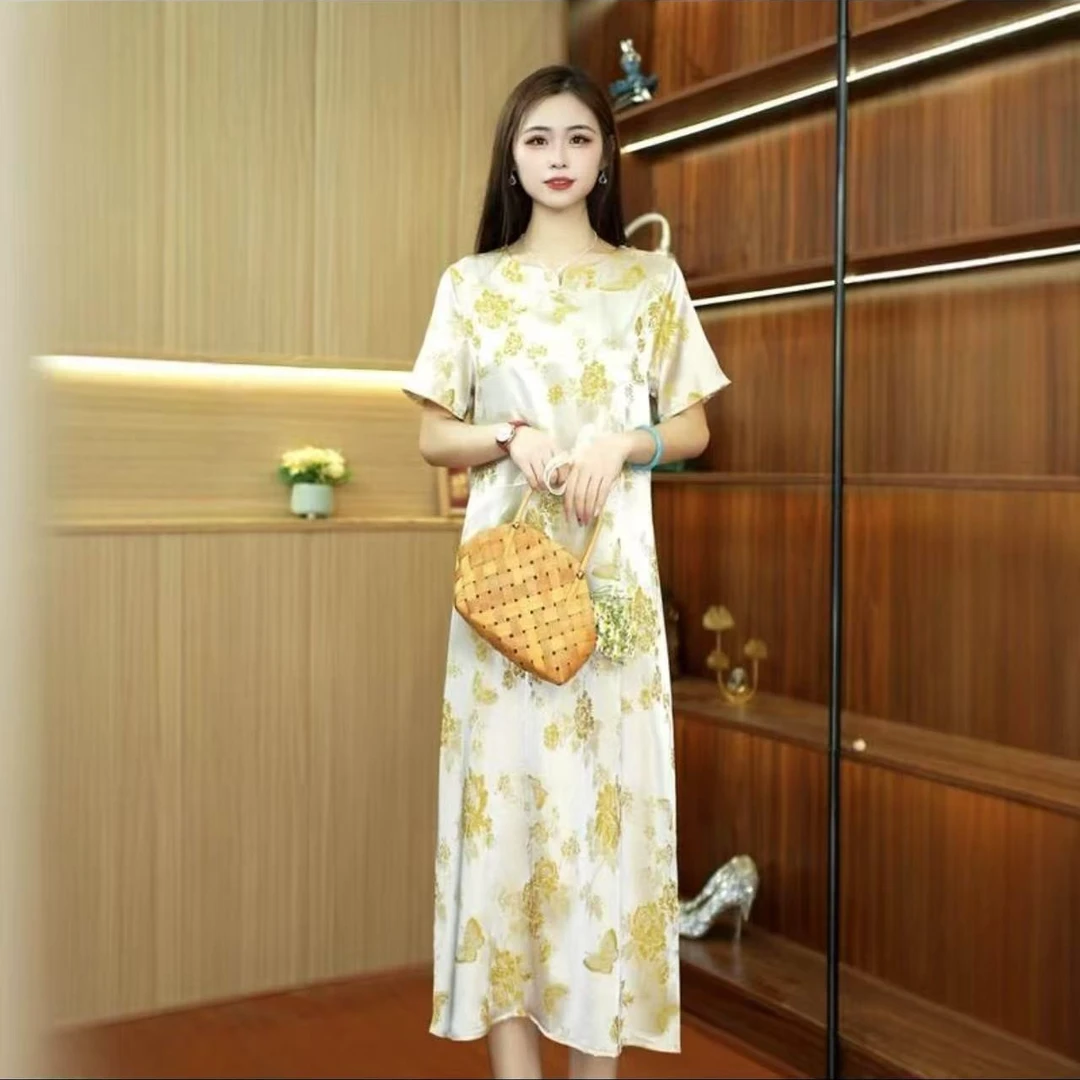 045国风双面提花典雅新中式连衣裙复古改良版旗袍裙女2025