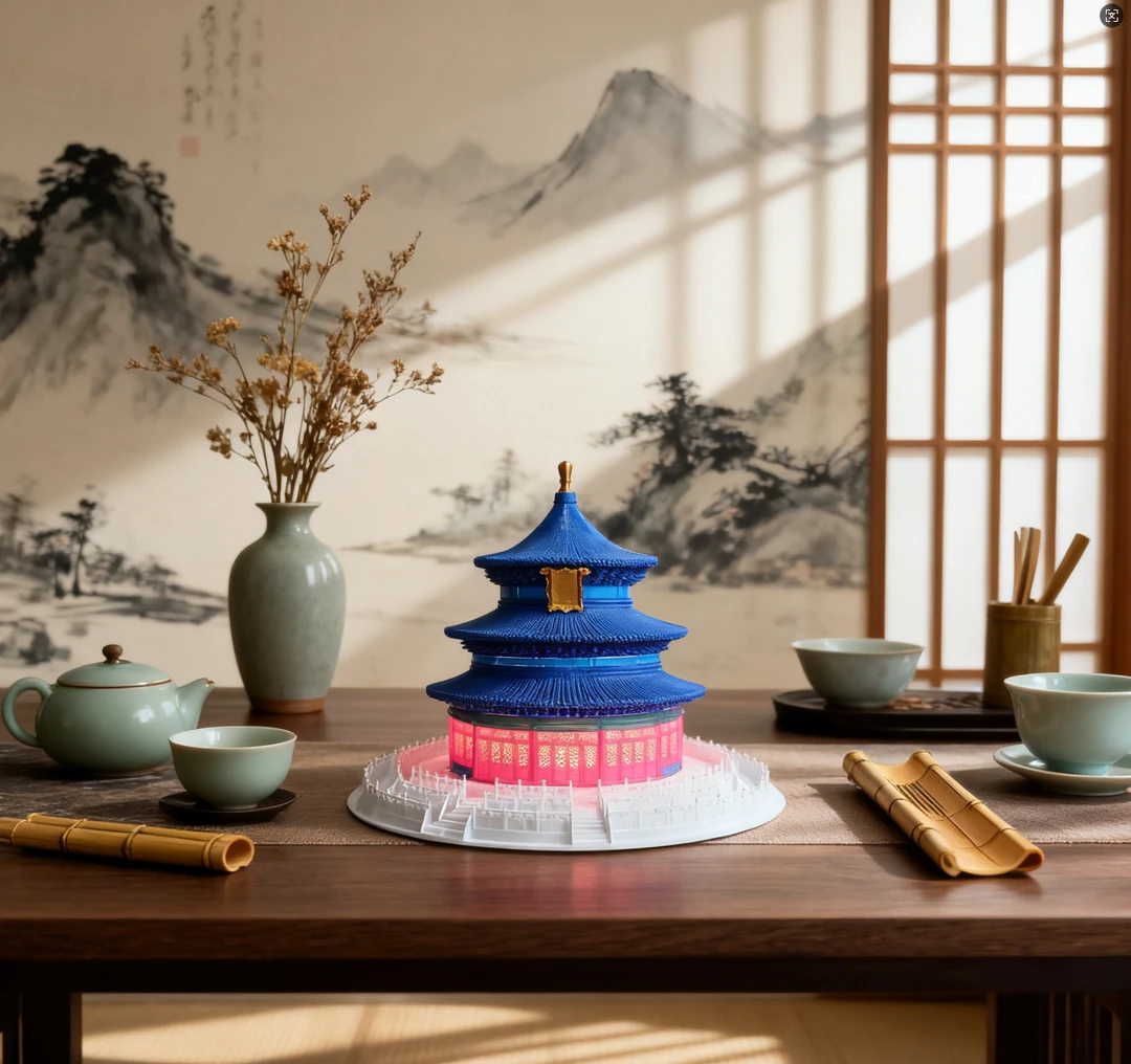 祈年殿经典、中国古建筑、国潮风夜灯摆件立体中国风国产积木天坛