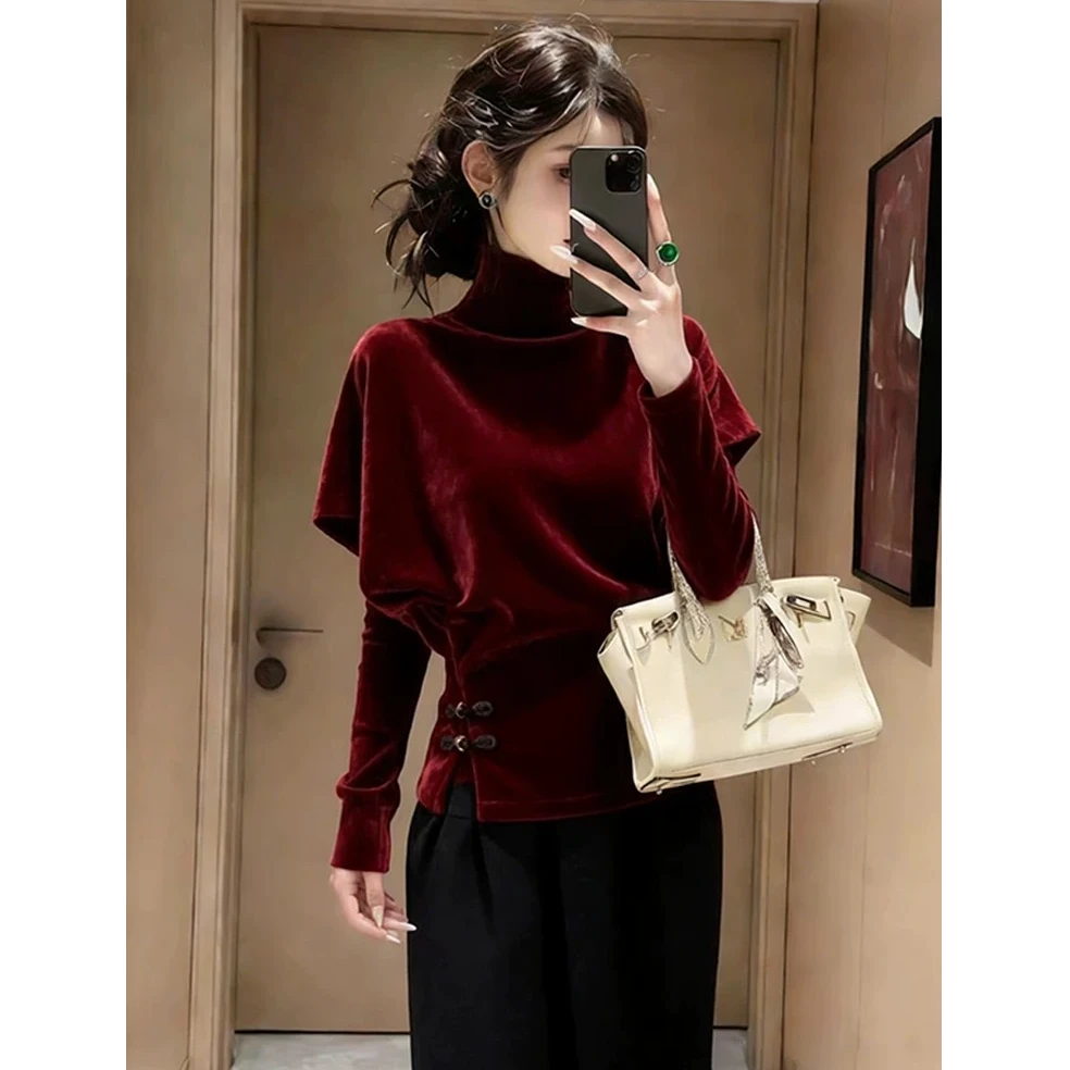 Z670新中式国风圣诞新年酒红色盘扣开衩高领丝绒上衣女打底小衫