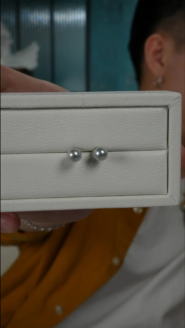 银S925镶嵌耳钉海水珍珠AK真多麻素钉6.5-7mm