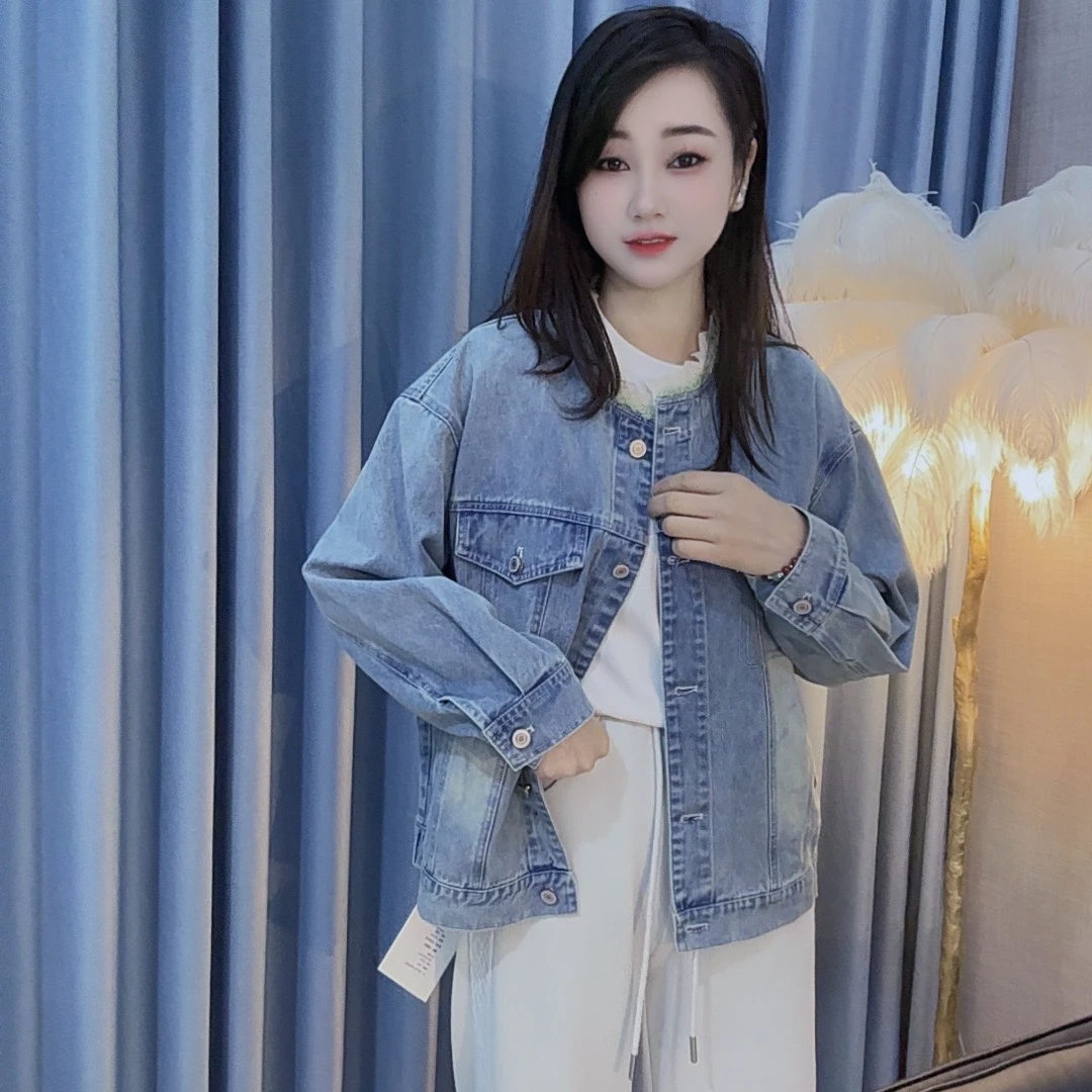 丹丹精选--2508新款拼接蕾丝毛边圆领单排扣牛仔外套