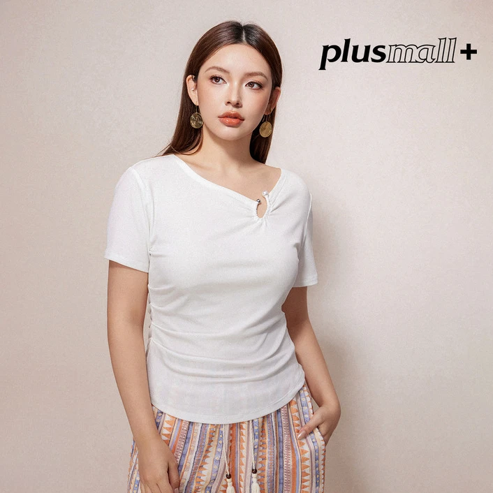PLUSMALL 薄暮环光 斜领金属圆环正肩剪裁螺纹针织T恤PM2506057