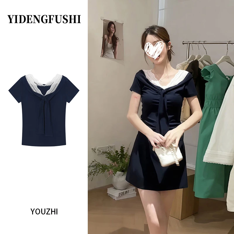 韩系新款纯欲蕾丝拼接V领一字肩短袖T恤2025夏季修身显瘦女上衣潮