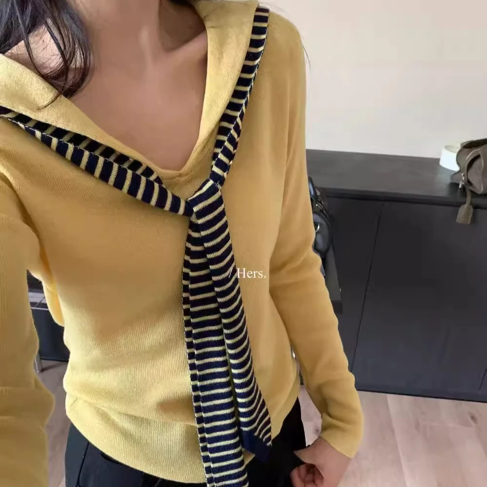 韩系条纹披肩海军领针织衫女秋冬季穿搭修身显瘦内搭打底衫上衣春