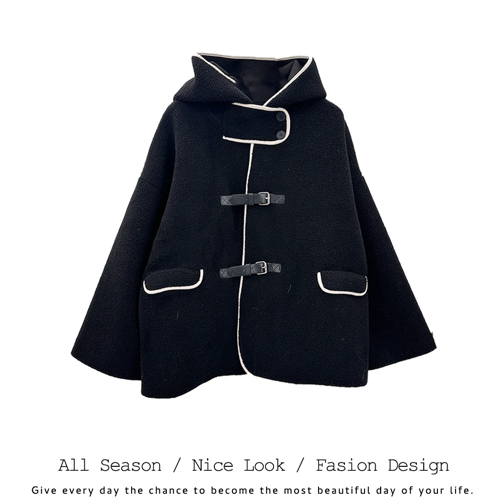 916    时尚黑色宽松百搭中长款宽松连帽舒适外套     款号#23875