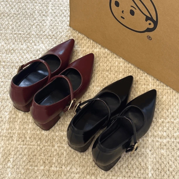 内增高尖头软皮黑色通勤日常芭蕾风百搭女高级感粗跟玛丽珍女鞋