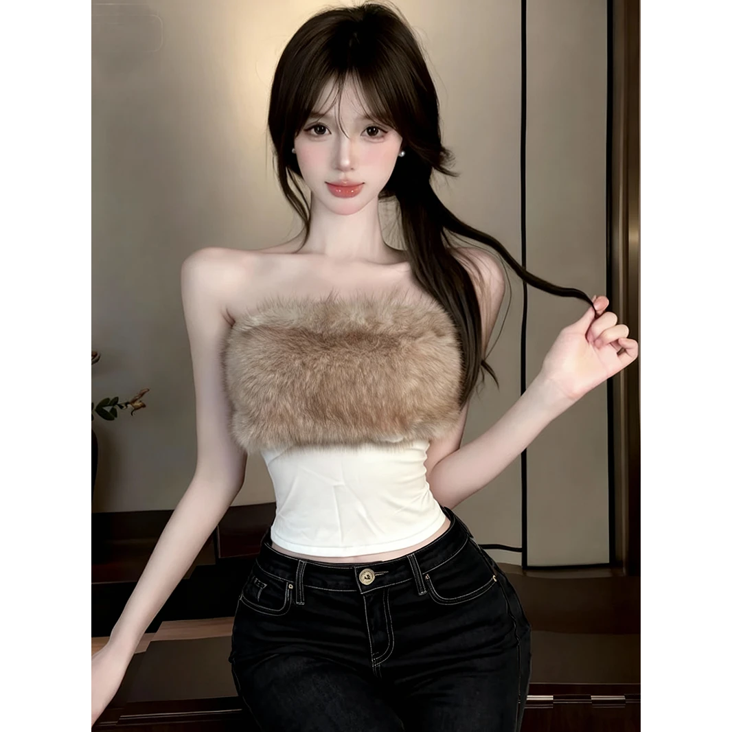 美式复古毛毛领抹胸背心女秋冬季设计感穿搭性感辣妹修身显瘦上衣