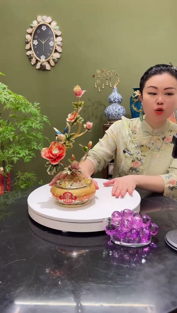 合金珐琅彩花开富贵客厅轻奢摆件