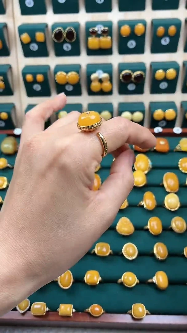 银S925镶嵌琥珀戒指蜜蜡戒指