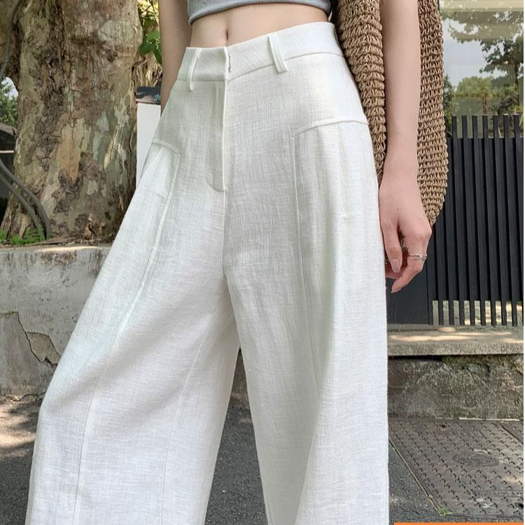 【运费险➕现货】白色苎麻阔腿裤女2025夏季薄款高腰垂感西装亚麻裤