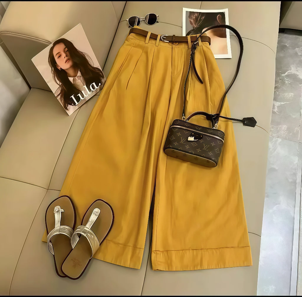 【带腰带】2025年夏季新款拼接直筒宽松高腰显瘦休闲百搭阔腿裤1071