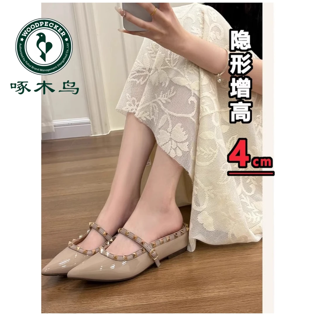 啄木鸟铆钉尖头半拖鞋女2025新款包头一脚蹬增高外穿厚底百搭凉拖