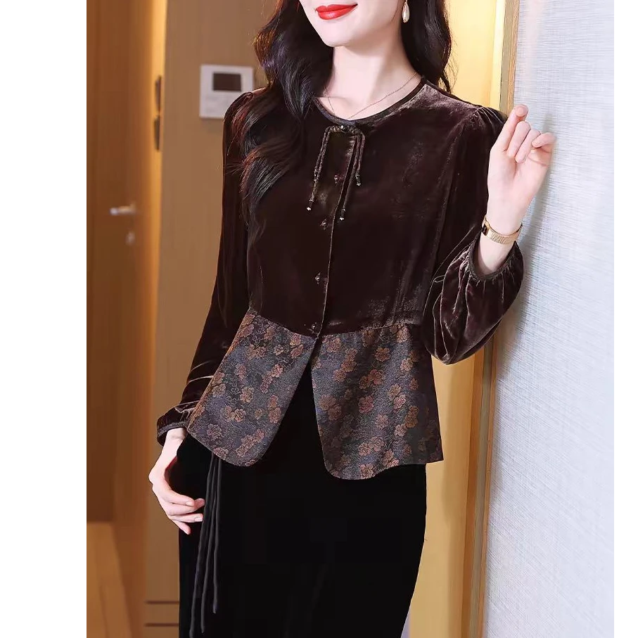 真丝丝绒上衣秋冬新款优雅复古中式长袖桑蚕丝洋气拼接外套开衫女