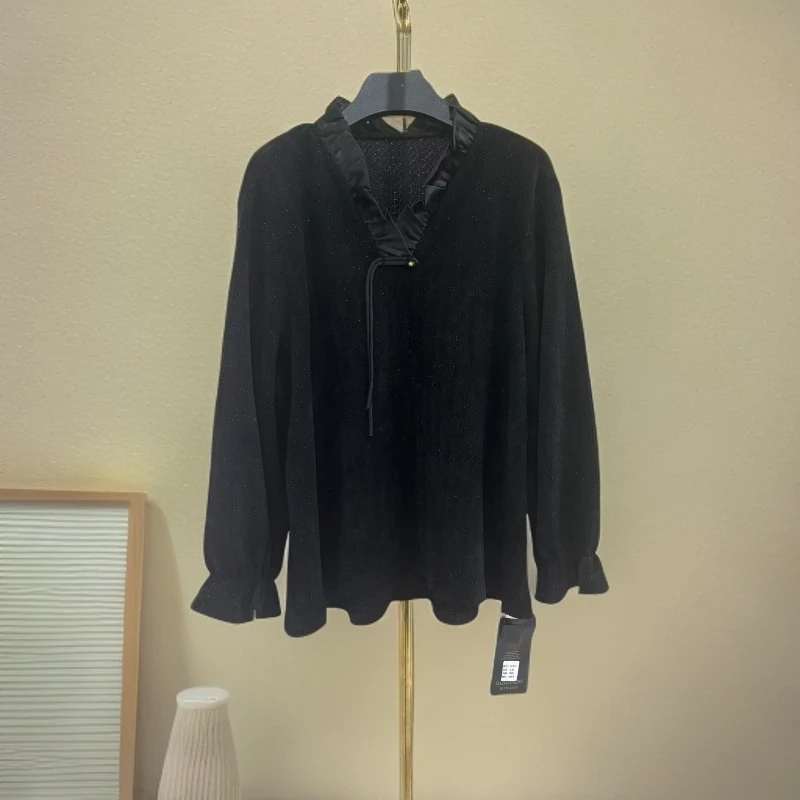 -434A-复古木耳边V领正肩衬衫女2025秋冬新款大码超好看体恤