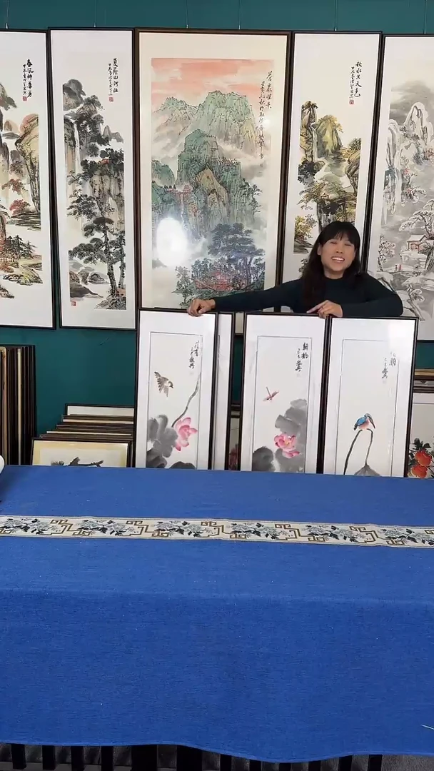 国画阿*荷花四条屏实木装裱38*123