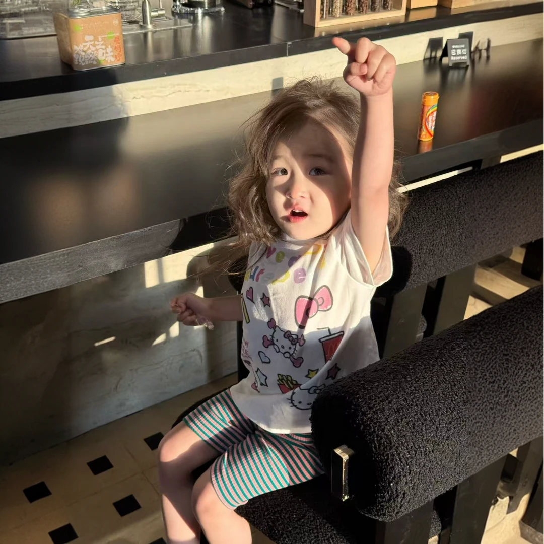 小惜亦夏季新款韩版童装可爱卡通kt猫印花短袖条纹骑行裤女童套装