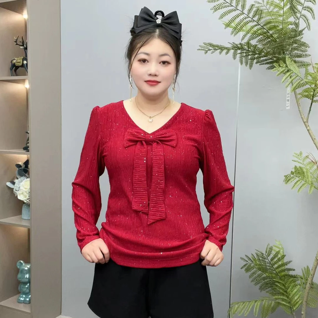 新款V领蝴蝶结长袖显瘦上衣不规则宽松气质褶皱时尚春季春季