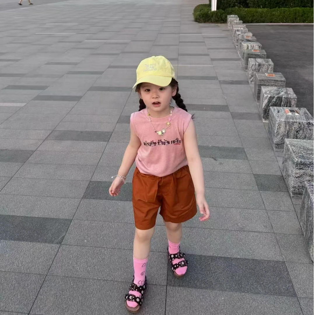 韩范童装女童时髦套装2025夏季新款洋气女宝休闲无袖上衣橘红短裤