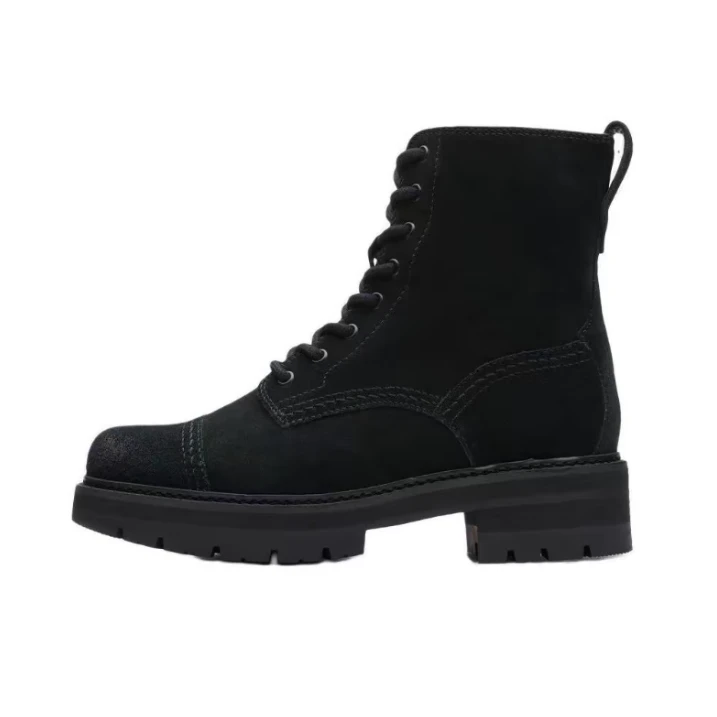 Clarks其乐 粗跟牛剖层革 短筒马丁靴 4.5cm 女款 黑色-261680044