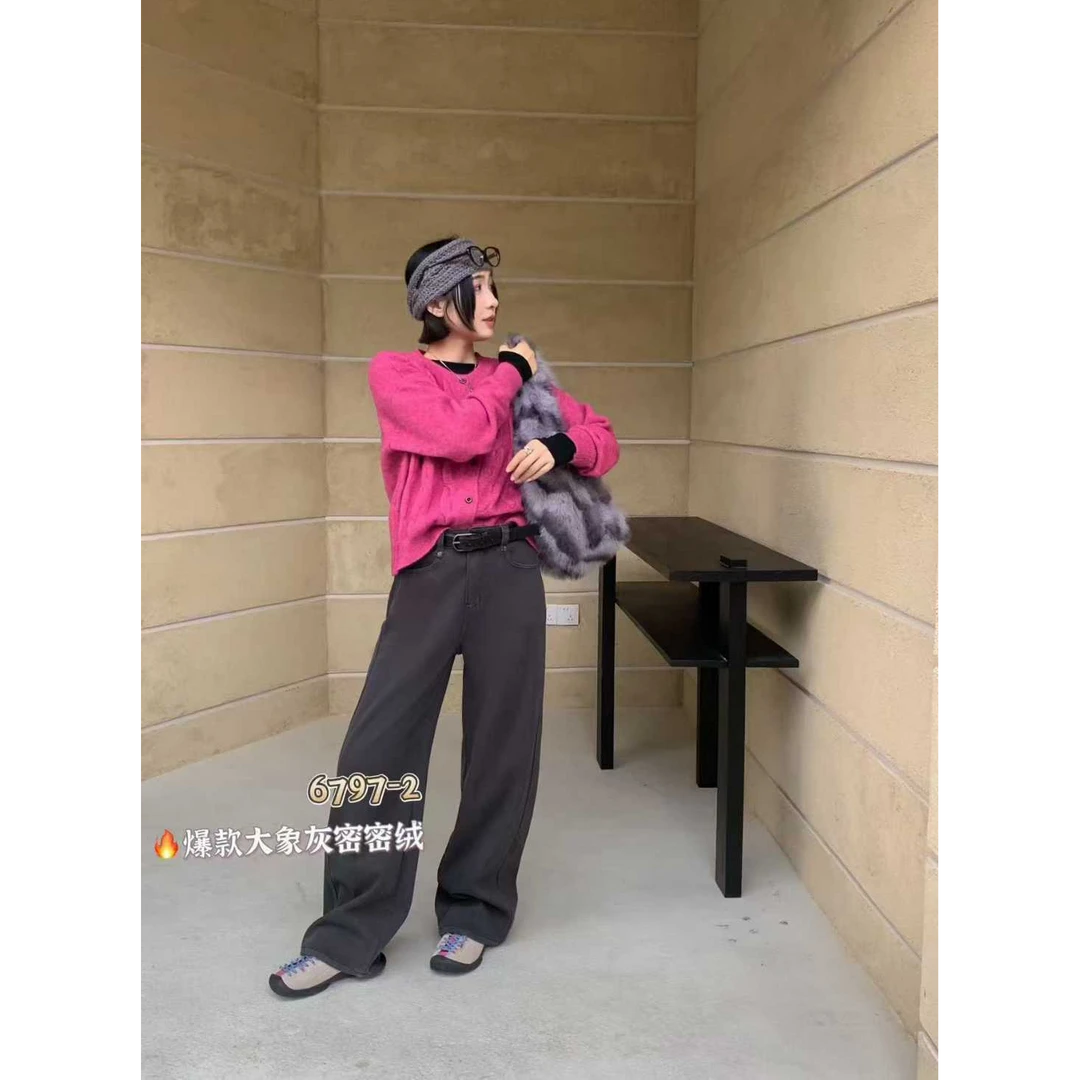 2025冬欧货新款九家米6797大象灰色复合密密绒弯刀裤牛仔裤女